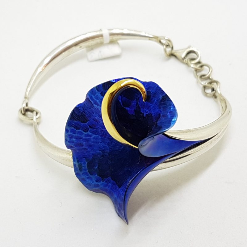 Sterling Silver Titanium Blue Flower Bangle