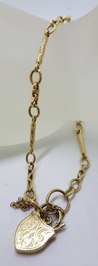 9ct Yellow Gold Round and Twist Link Bracelet with Shield / Heart Padlock Clasp