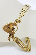 9ct Yellow Gold Three Row Gate Link Bracelet with Heart Padlock Clasp - Antique / Vintage