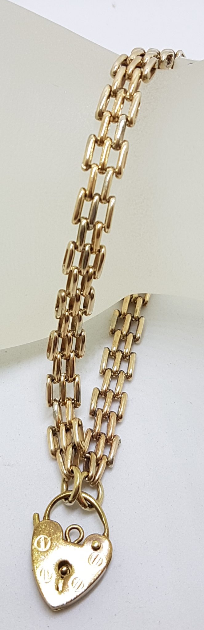 9ct Yellow Gold 3 x 2 Row Gate Link Bracelet with Heart Shape Padlock Clasp - Antique / Vintage
