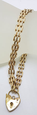 9ct Yellow Gold 3 x 2 Row Gate Link Bracelet with Heart Shape Padlock Clasp - Antique / Vintage