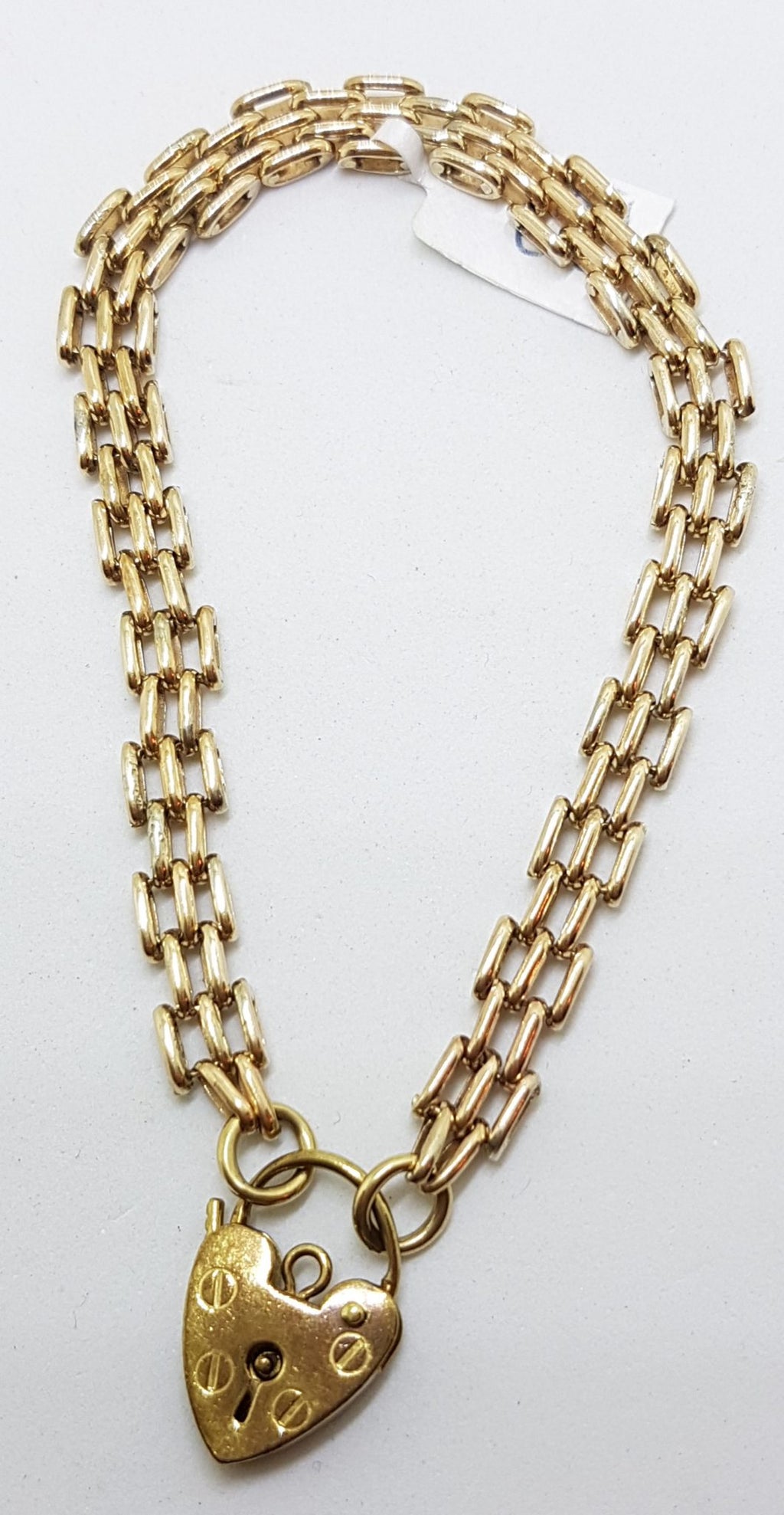 9ct Yellow Gold 3 x 2 Row Gate Link Bracelet with Heart Shape Padlock Clasp - Antique / Vintage