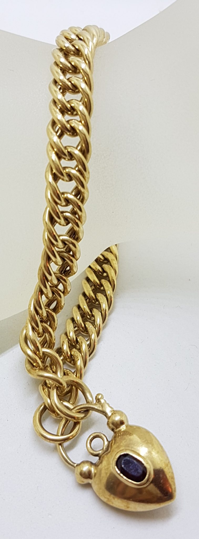 9ct Yellow Gold Curb Link Bracelet with Garnet Padlock Clasp
