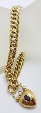 9ct Yellow Gold Curb Link Bracelet with Garnet Padlock Clasp