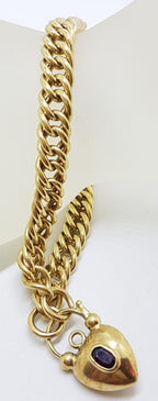 9ct Yellow Gold Curb Link Bracelet with Garnet Padlock Clasp
