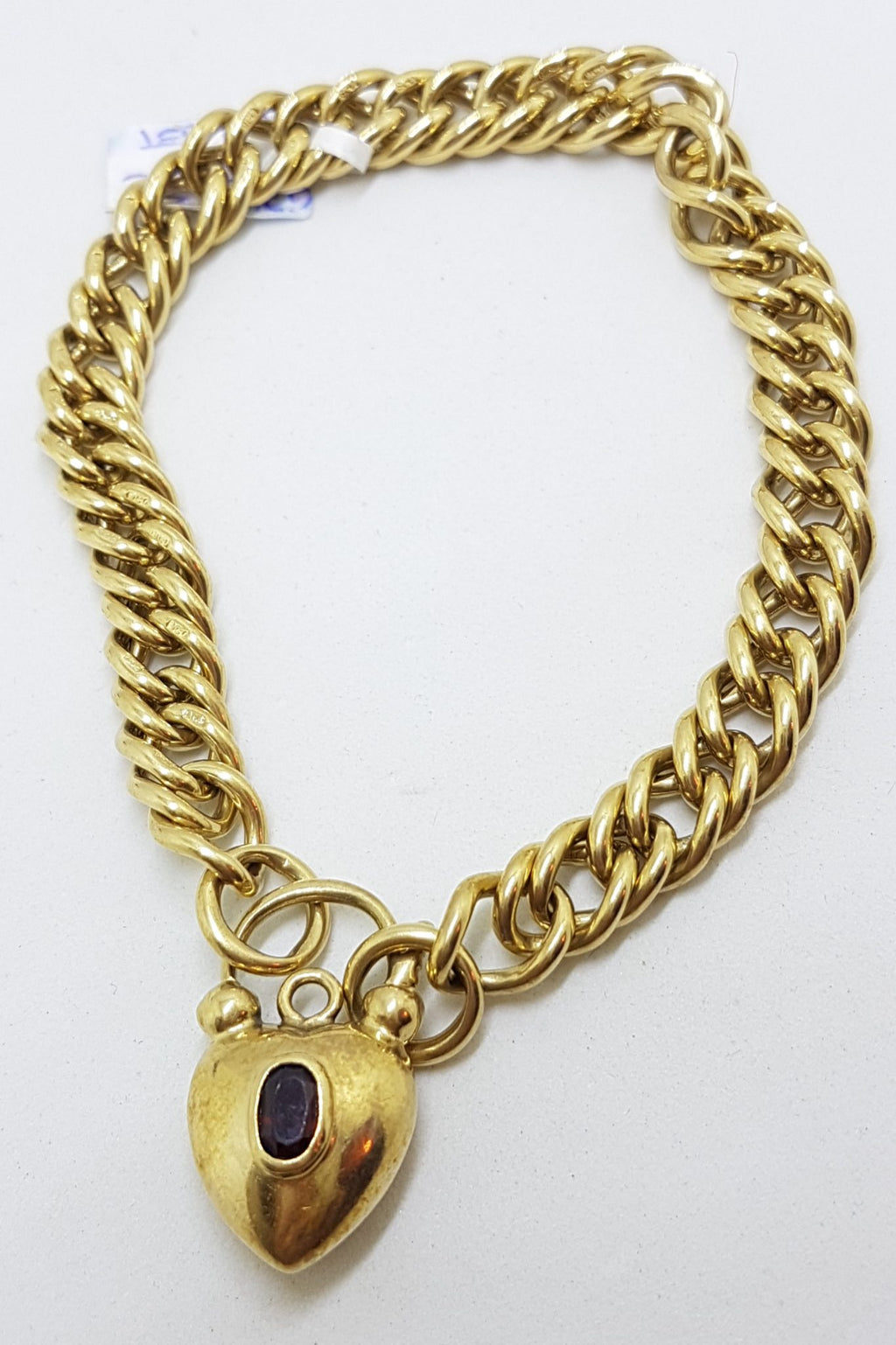 9ct Yellow Gold Curb Link Bracelet with Garnet Padlock Clasp