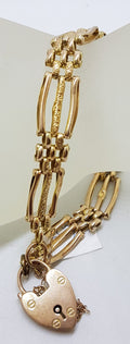 9ct Yellow Gold Patterned Three Row Gate Link Bracelet with Heart Shape Padlock Clasp - Antique / Vintage