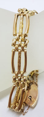 9ct Yellow Gold Patterned Three Row Gate Link Bracelet with Heart Shape Padlock Clasp - Antique / Vintage