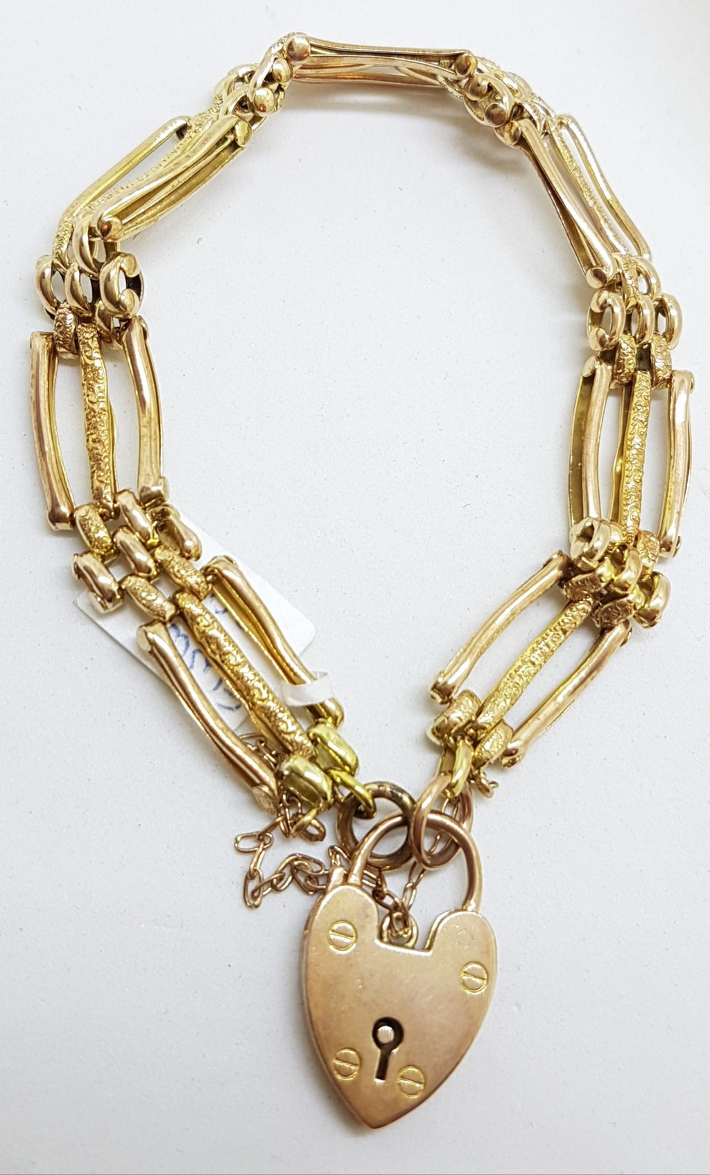 9ct Yellow Gold Patterned Three Row Gate Link Bracelet with Heart Shape Padlock Clasp - Antique / Vintage