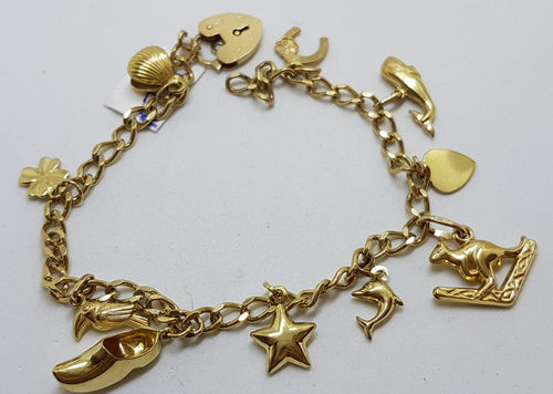 9ct Yellow Gold 10 Charms Bracelet with Heart Shape Padlock Clasp - Antique / Vintage