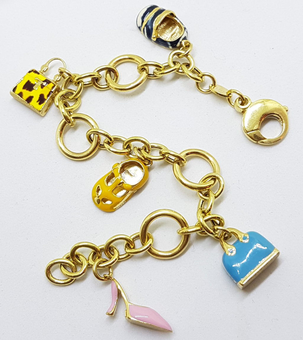 Solid 18ct Yellow Gold Enamel Handbag and Shoe Charm " Shopping " Bracelet - Heavy