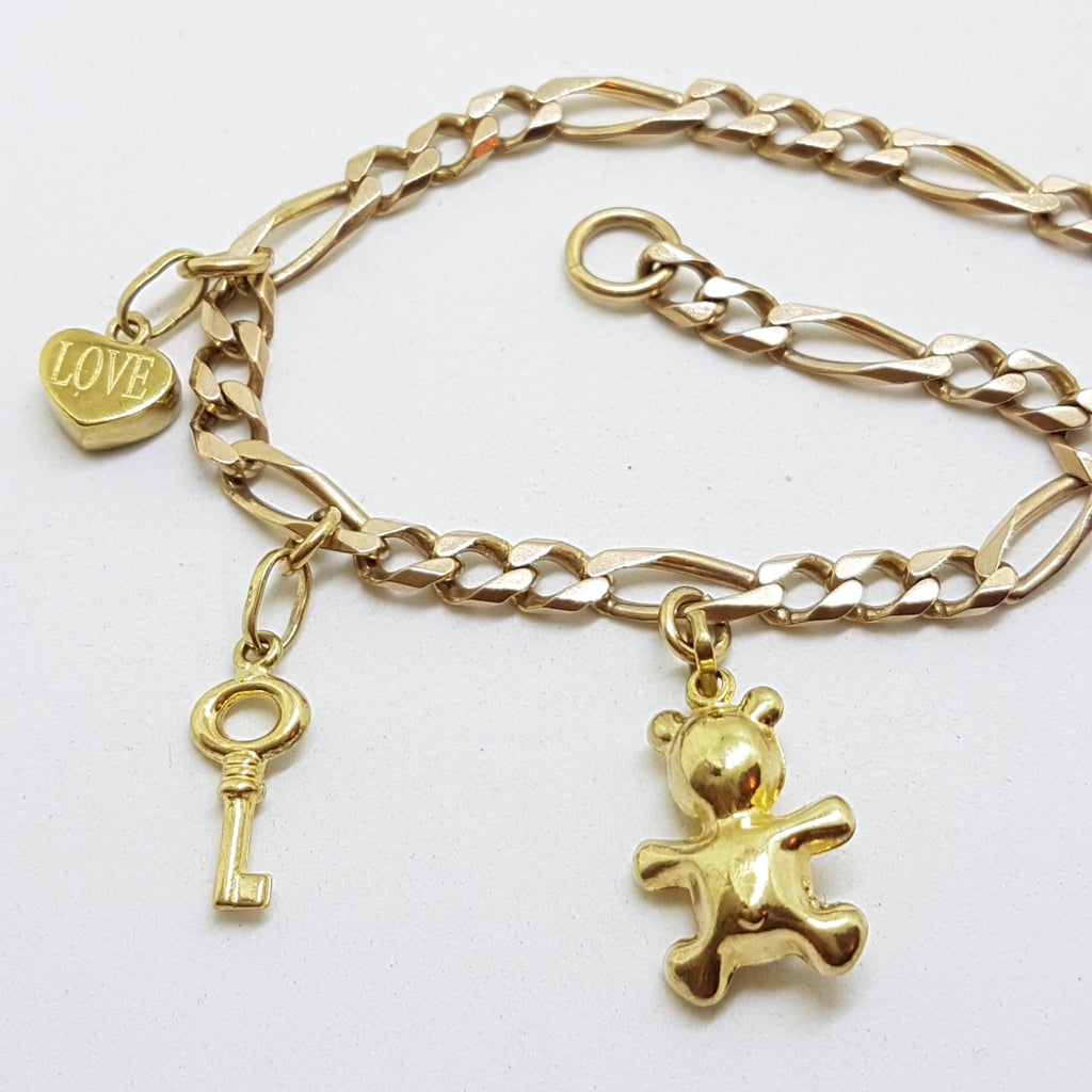 9ct Yellow Gold Figaro Link 3 Charms Bracelet - Vintage