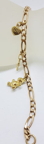 9ct Yellow Gold Figaro Link 3 Charms Bracelet - Vintage