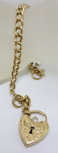 9ct Yellow Gold Curb Link Bracelet with Heart Padlock Clasp - Vintage