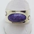 Sterling Silver Oval Charoite in Wide Wave Patterned Band Ring