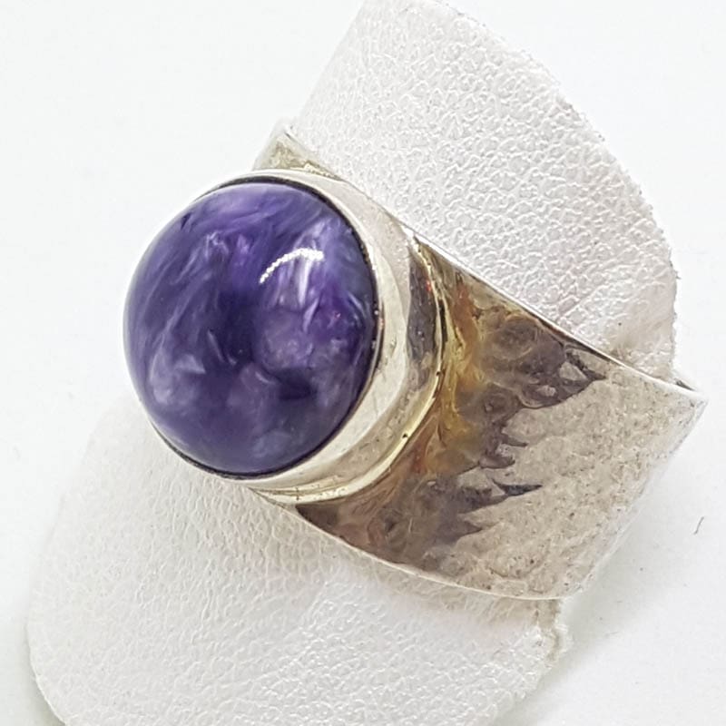 Sterling Silver Round Charoite Beaten Design Wide Band Ring