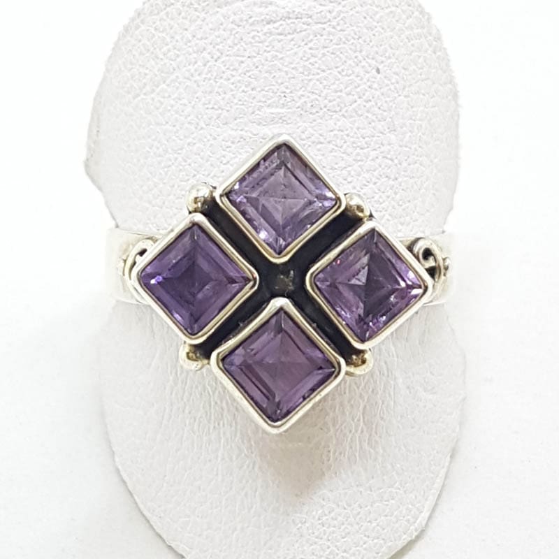 Sterling Silver Square Amethyst Cluster Ring
