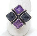 Sterling Silver Square Amethyst and Onyx Cluster Ring