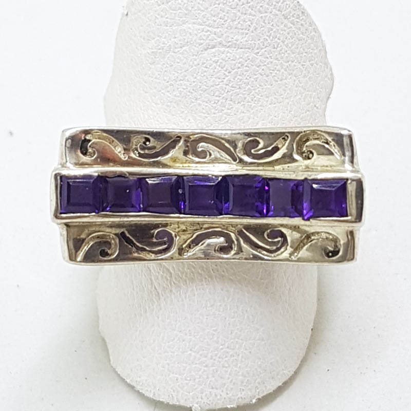 Sterling Silver Amethyst Heavy Ornate Filigree Wave Shape Ring