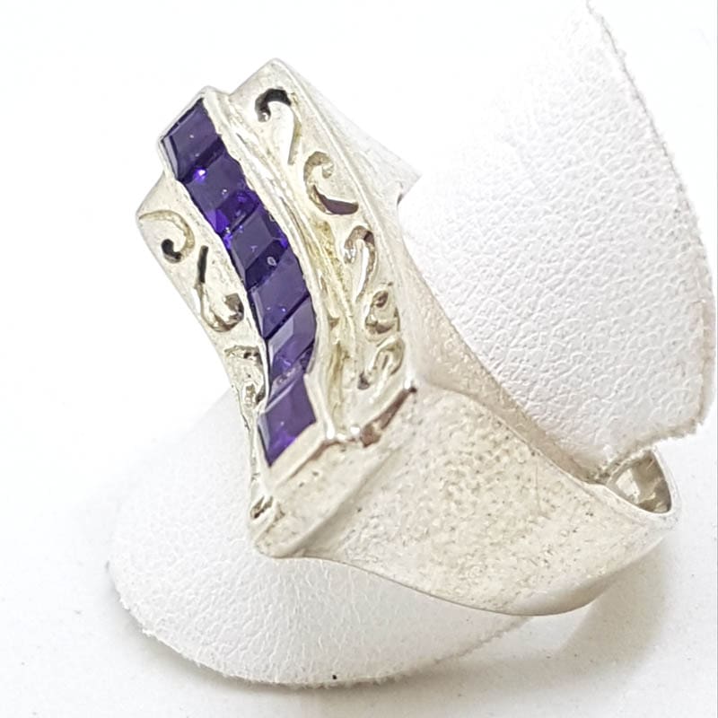 Sterling Silver Amethyst Heavy Ornate Filigree Wave Shape Ring