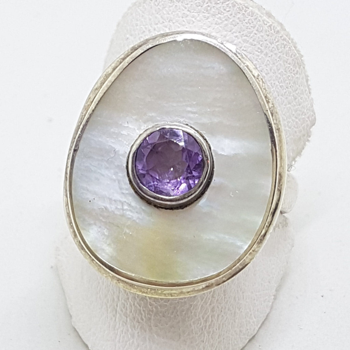 Sterling Silver Large Mother of Pearl &amp; Amethyst Ring