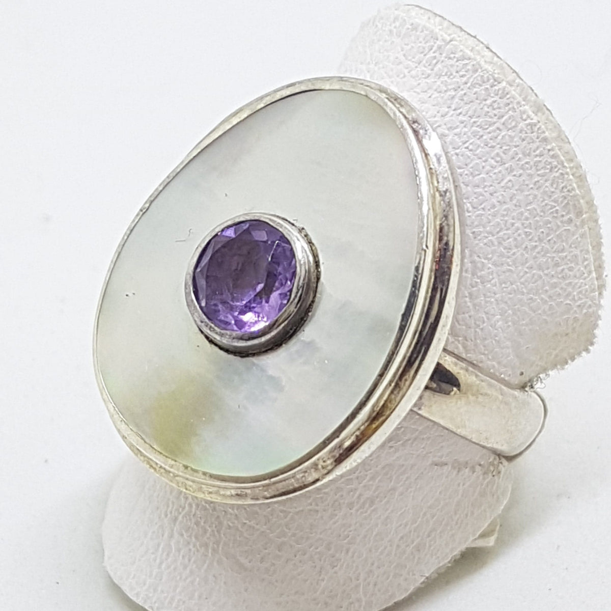Sterling Silver Large Mother of Pearl &amp; Amethyst Ring