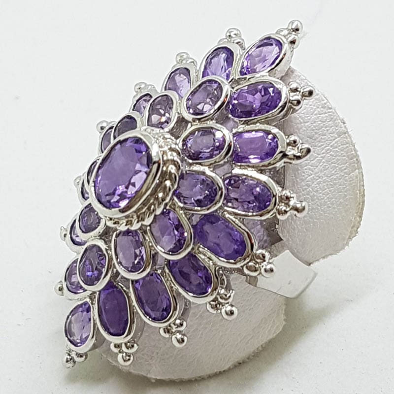 Sterling Silver Very Large Exquisite Amethyst Cluster Ring