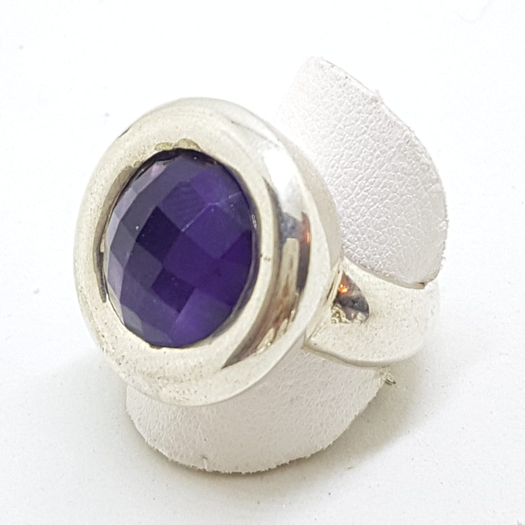 Sterling Silver Large Round Faceted Amethyst Ring - Chunky / Heavy