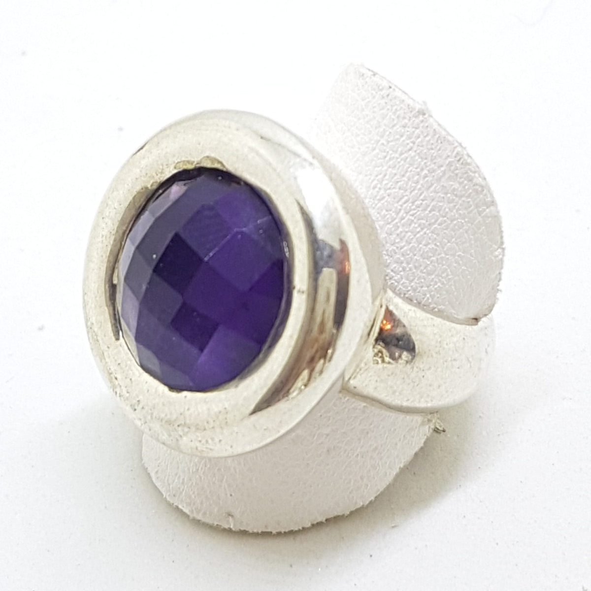 Sterling Silver Large Round Faceted Amethyst Ring - Chunky / Heavy