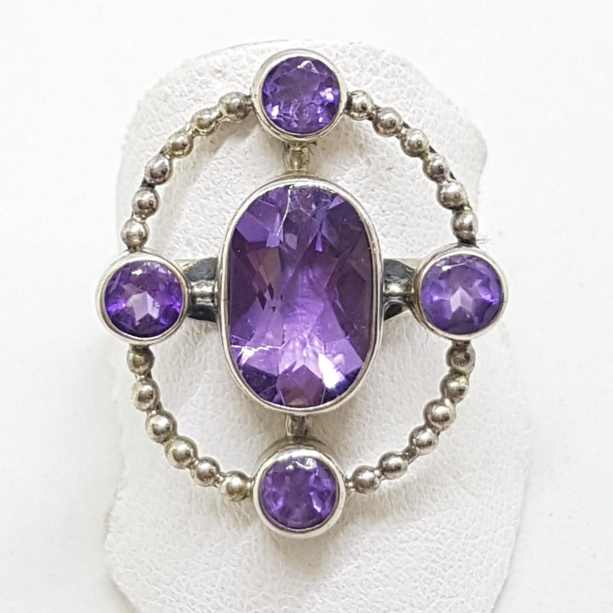 Sterling Silver Large Oval Amethyst Cluster Ring