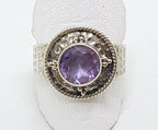 Sterling Silver Round Beaten Design Amethyst Ring