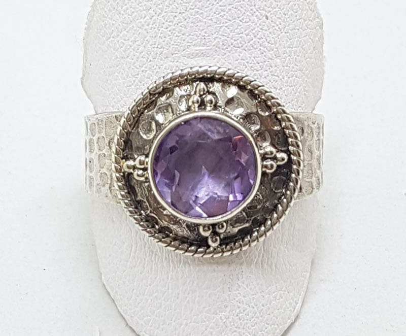 Sterling Silver Round Beaten Design Amethyst Ring
