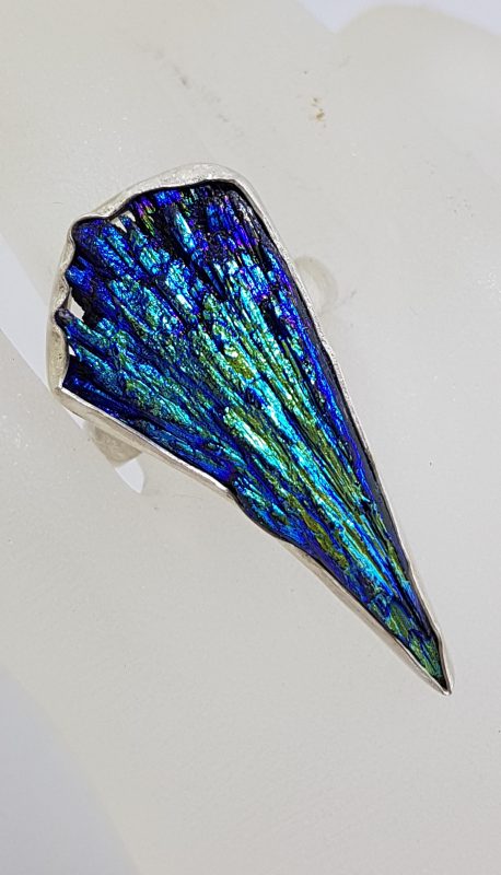 Sterling Silver Black Titanium Kyanite Large &amp; Long Ring Vibrant Blue/Green