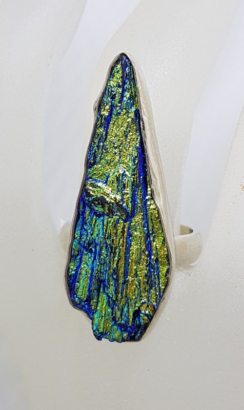 Sterling Silver Black Titanium Kyanite Large &amp; Long Ring Vibrant Blue/Green