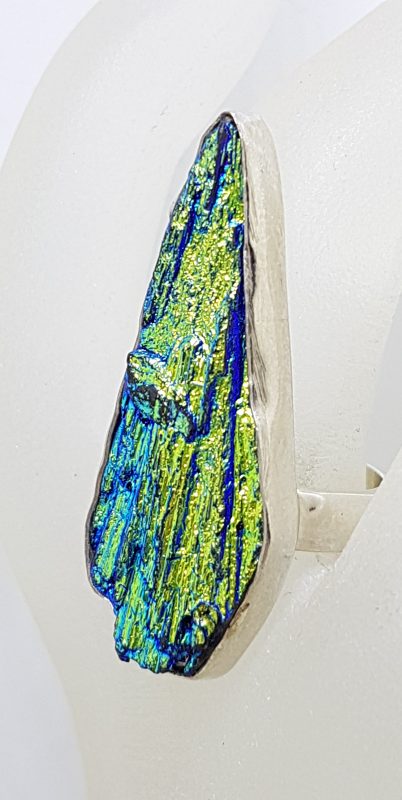 Sterling Silver Black Titanium Kyanite Large &amp; Long Ring Vibrant Blue/Green