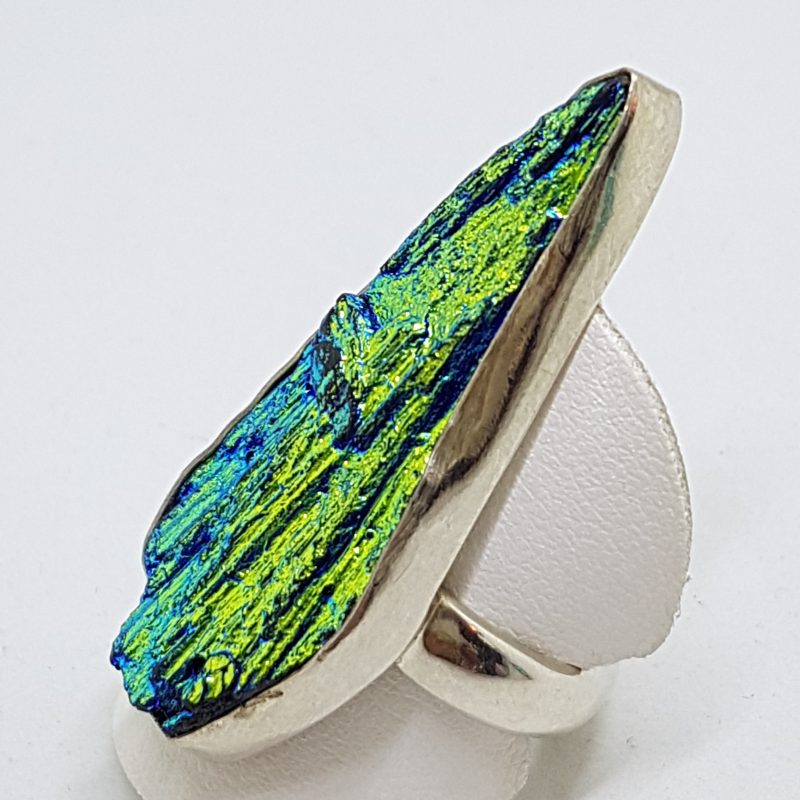 Sterling Silver Black Titanium Kyanite Large &amp; Long Ring Vibrant Blue/Green