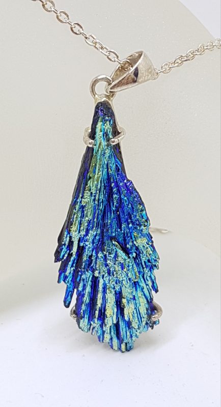 Sterling Silver Large Black Titanium Kyanite Pendant on Silver Chain – Vibrant Blue/Green