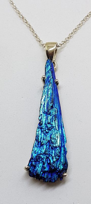 Sterling Silver Long Black Titanium Kyanite Pendant on Silver Chain – Vibrant Blue