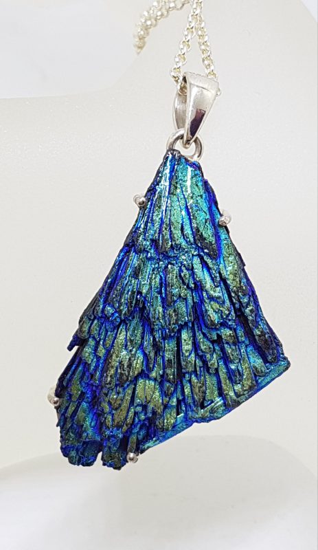 Sterling Silver Large Black Titanium Kyanite Pendant on Silver Chain – Vibrant Blue &amp; Green