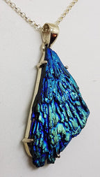 Sterling Silver Large Black Titanium Kyanite Pendant on Silver Chain – Vibrant Blue &amp; Green