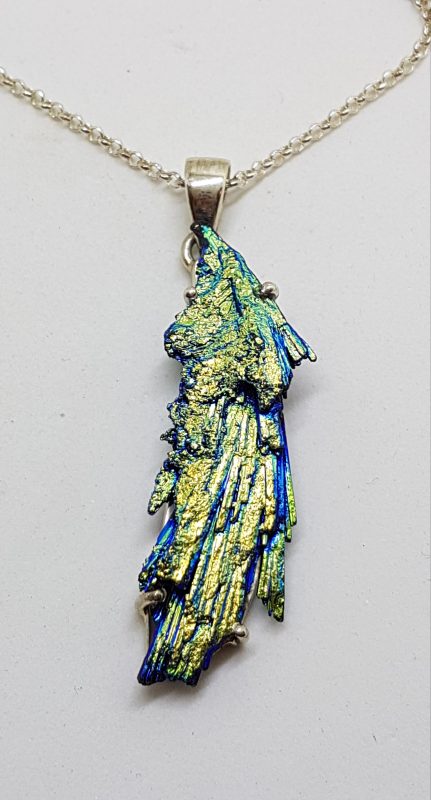 Sterling Silver Large &amp; Long Black Titanium Kyanite Pendant on Silver Chain – Vibrant Blue &amp; Green