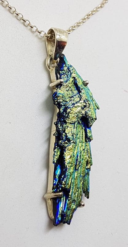 Sterling Silver Large &amp; Long Black Titanium Kyanite Pendant on Silver Chain – Vibrant Blue &amp; Green