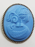 Sterling Silver Oval Large Blue Lady Cameo Brooch