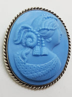 Sterling Silver Oval Large Blue Lady Cameo Brooch
