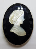Sterling Silver Large Oval Black &amp; Mother of Pearl Lady Cameo Brooch