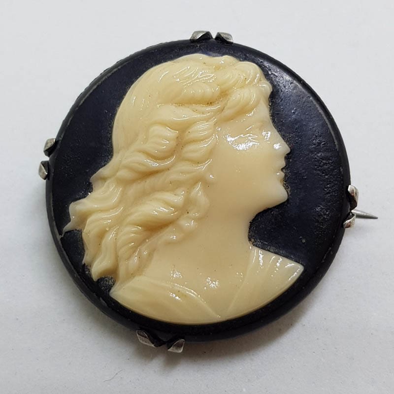 Sterling Silver Round Black Lady Cameo Brooch