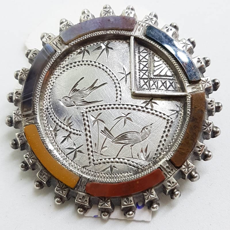 Sterling Silver Round Ornate Motif Bird and Floral Antique Multi-Coloured Scottish Agate and Bloodstone Brooch