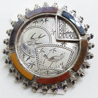 Sterling Silver Round Ornate Motif Bird and Floral Antique Multi-Coloured Scottish Agate and Bloodstone Brooch