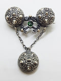 800 Silver Ornate Drop with Green Stone Brooch