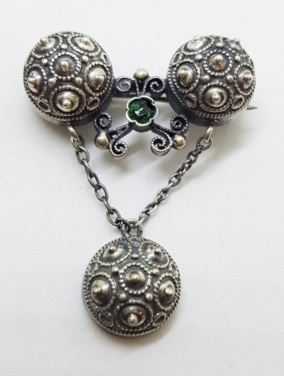 800 Silver Ornate Drop with Green Stone Brooch